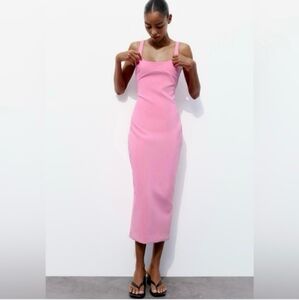 Zara Pink Square-Neck Midi Bodycon Dress